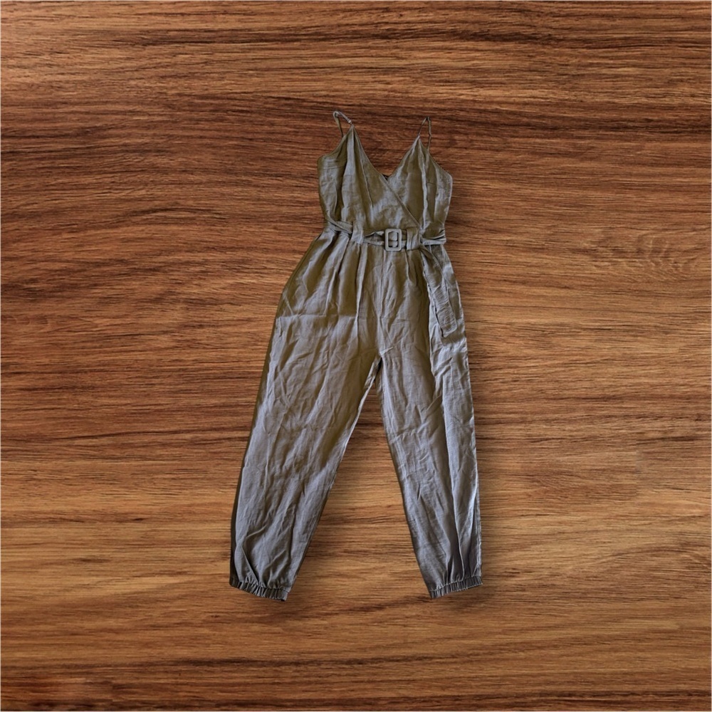 blashe belted jumpsuit splice neck thin strap tapered legs olives green size L